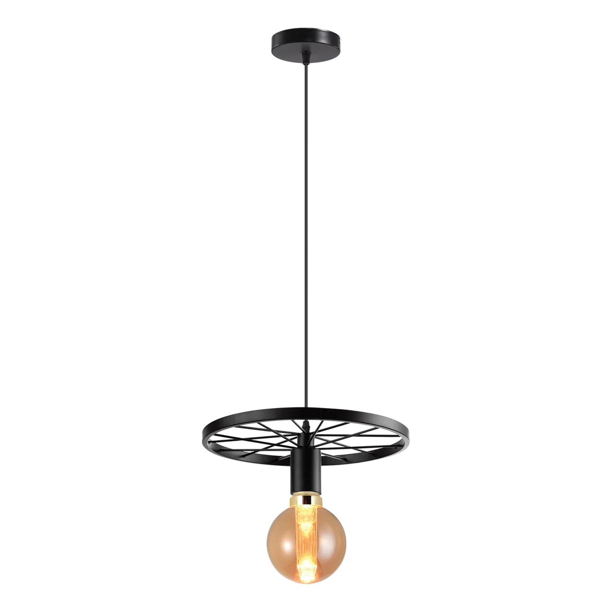 Vintage industrial pendant light with metal wheel frame and multiple exposed E27 bulb sockets hanging from ceiling