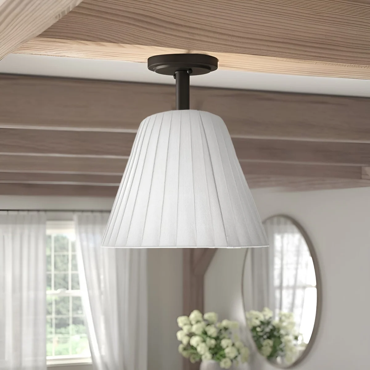 Modern fabric coolie lampshade in neutral color, easy fit lampshade with fabric frame and plastic lining, 28cm wide, 22cm high