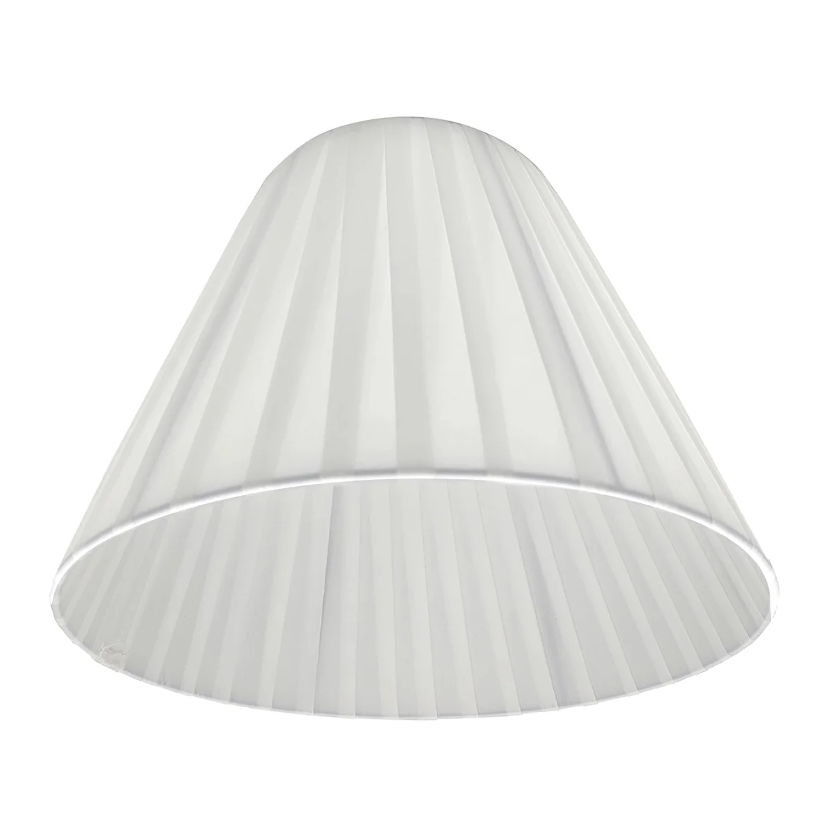 Modern fabric coolie shape lampshade in neutral color, 28cm wide, shown hanging as a pendant light indoors