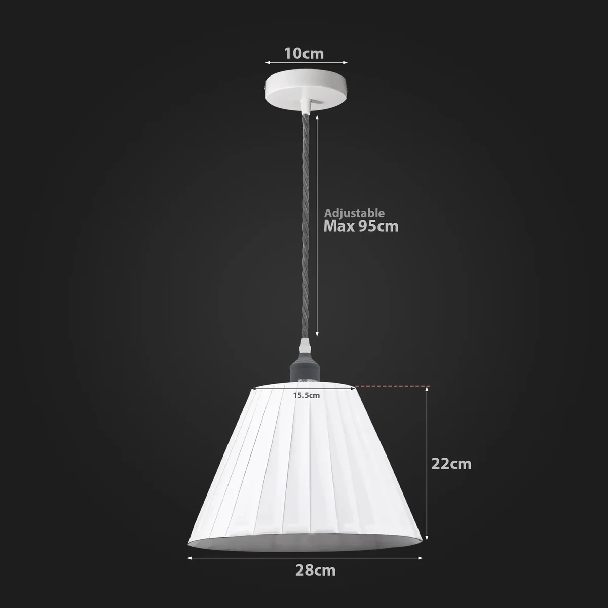 Contemporary white pendant light with metal frame and pleated fabric lampshade hanging from ceiling