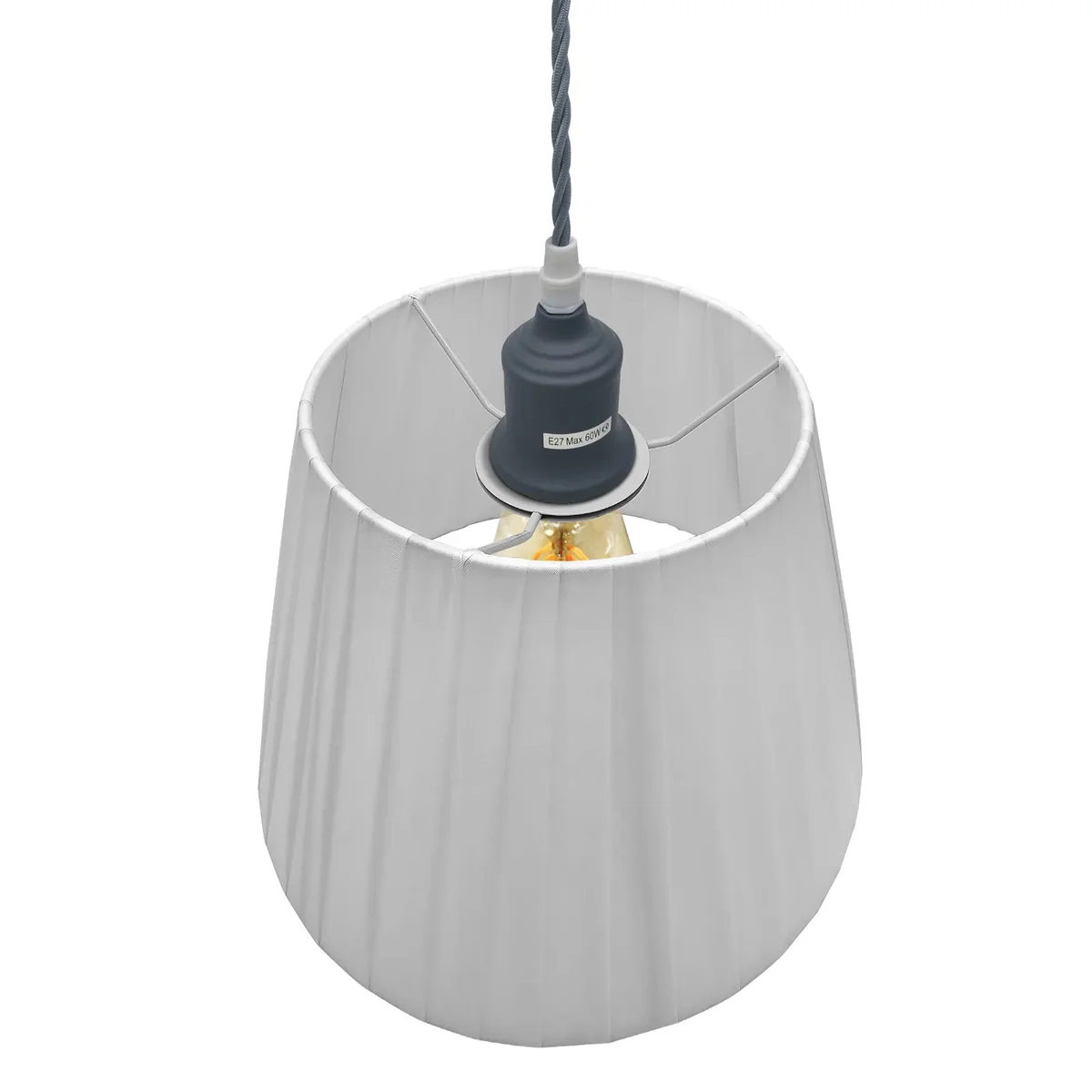 Modern white fabric lampshade pendant light with metal frame and fabric-covered cable, compatible with E27 bulb pendant light