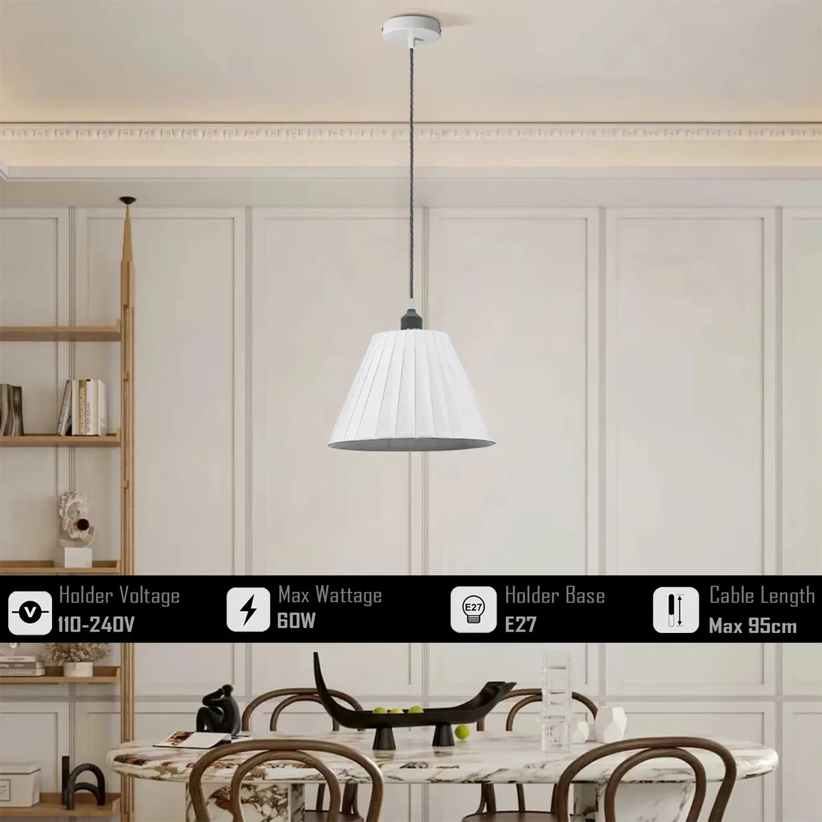 Modern pendant light with white pleated fabric lampshade, metal frame, and fabric-covered cable hanging from ceiling