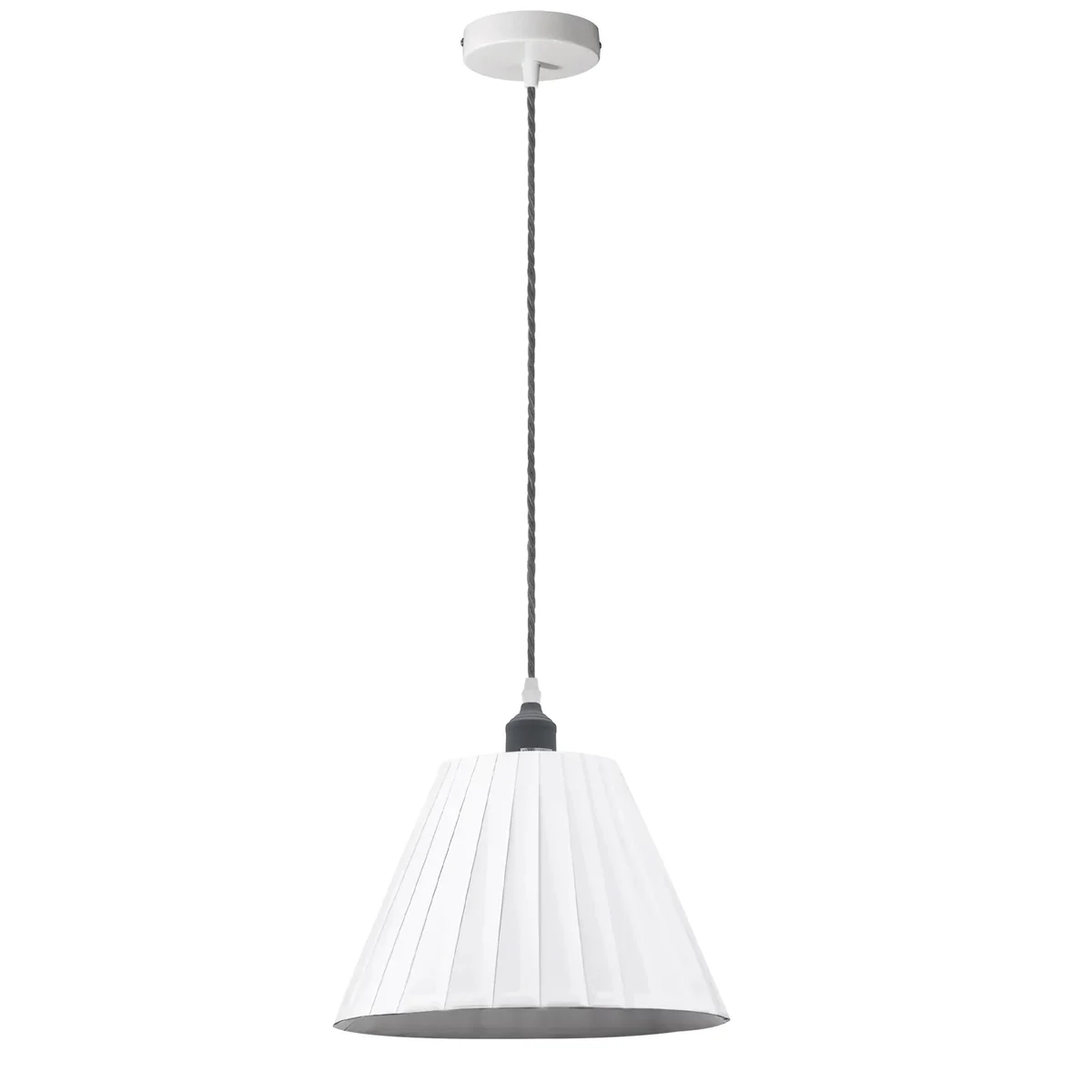 Modern pendant light with white pleated fabric lampshade hanging from ceiling, metal frame and fabric-covered cable visible