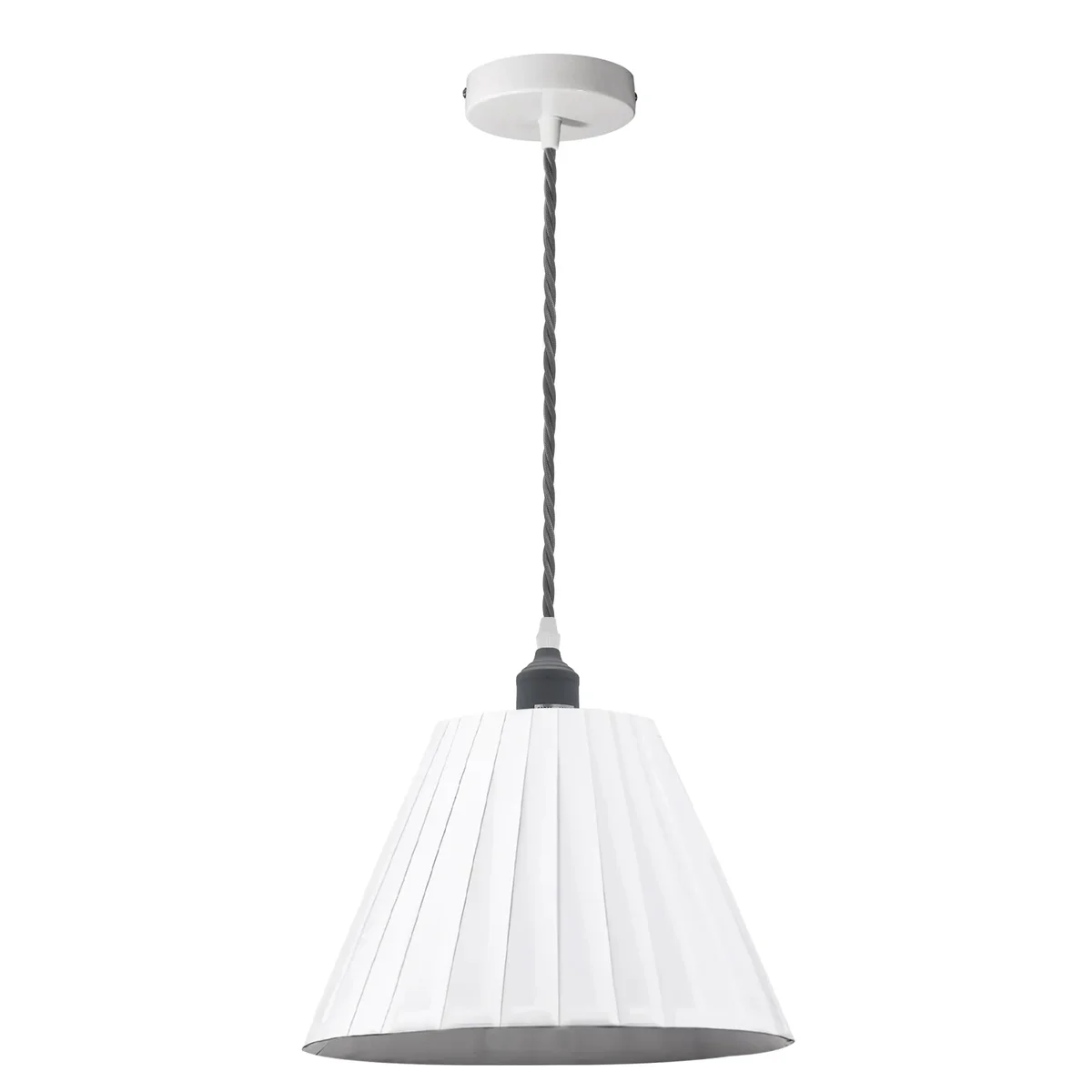 Modern pendant light with white pleated fabric lampshade hanging from ceiling, showcasing sleek metal and fabric cable design