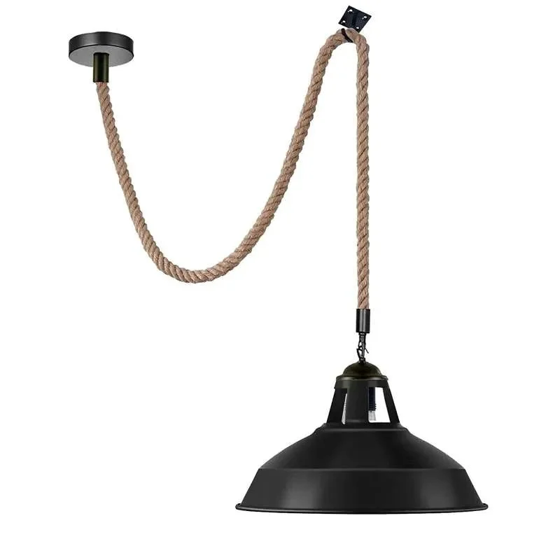 Black metal shade hemp rope pendant light with natural jute cable and ceiling canopy against white background