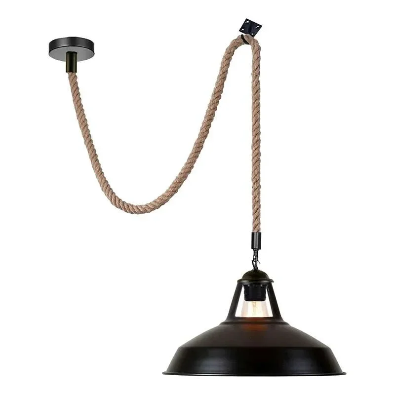 Black metal pendant light with natural hemp rope cable and adjustable length hanging against a white background