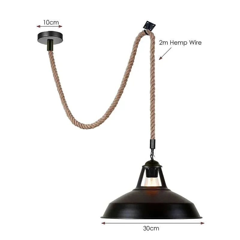 Black metal industrial hemp rope pendant light with 2m natural jute cable and E27 pendant light fitting shown hanging