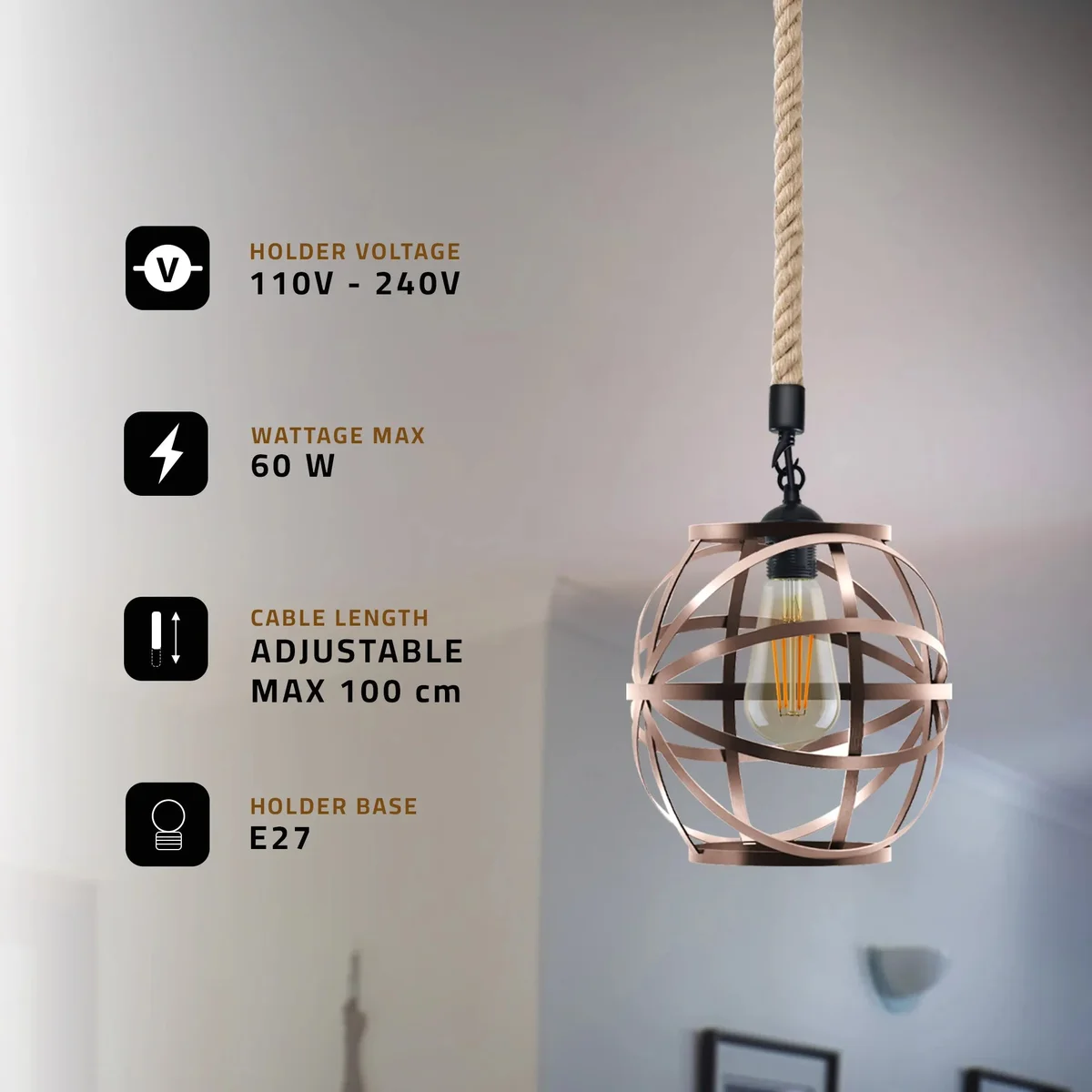 Single ceiling hemp rope pendant light with copper metal cage and adjustable 100cm cord hanging from ceiling