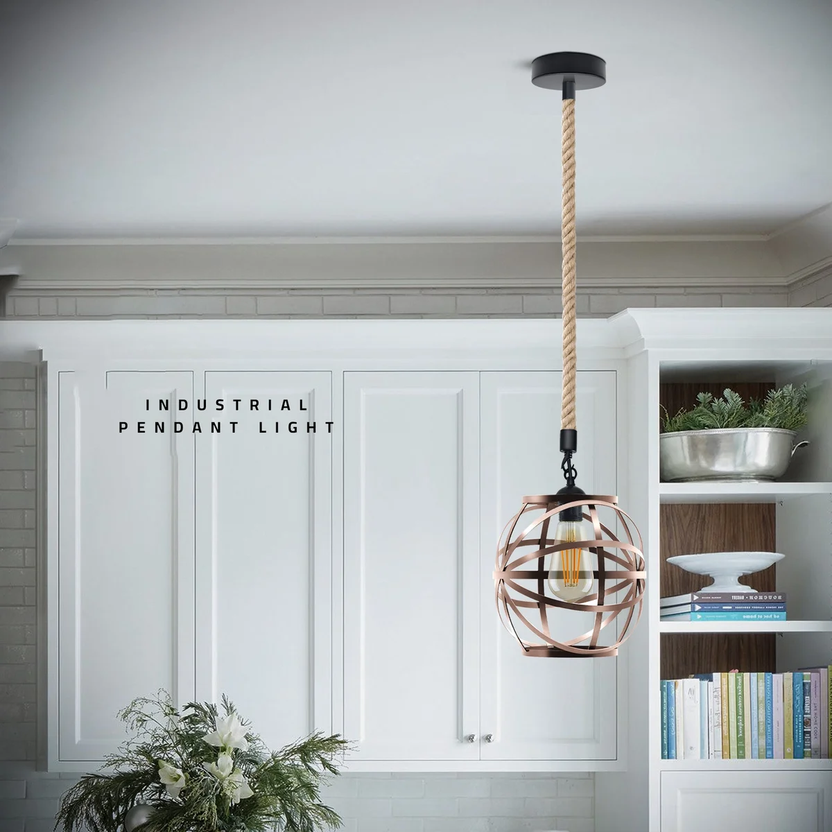 Single-head industrial pendant light with hemp rope and copper metal cage, ceiling mounted with adjustable 100cm cable