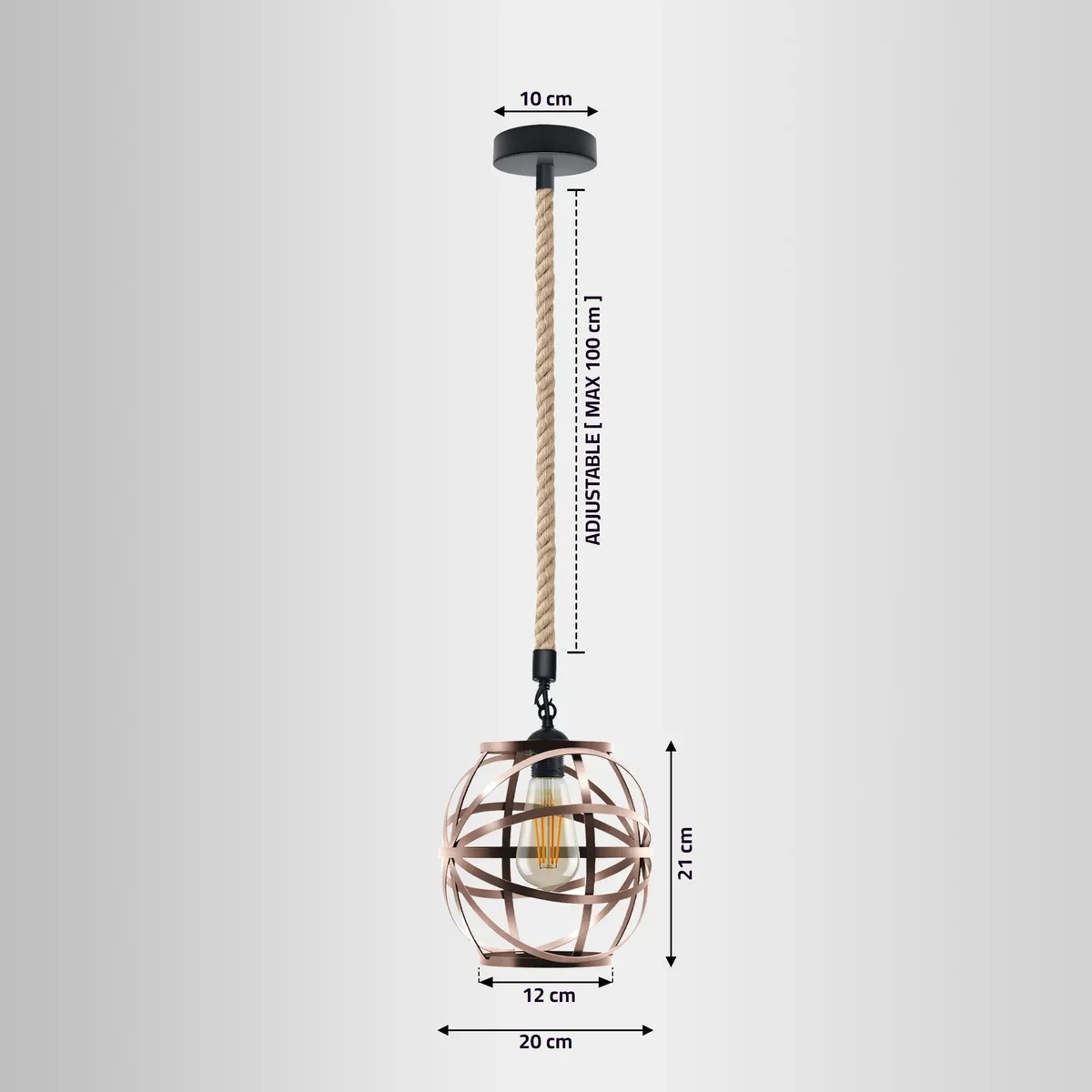 Single-head ceiling hanging light with hemp rope and copper metal wire cage, adjustable cable, industrial vintage style