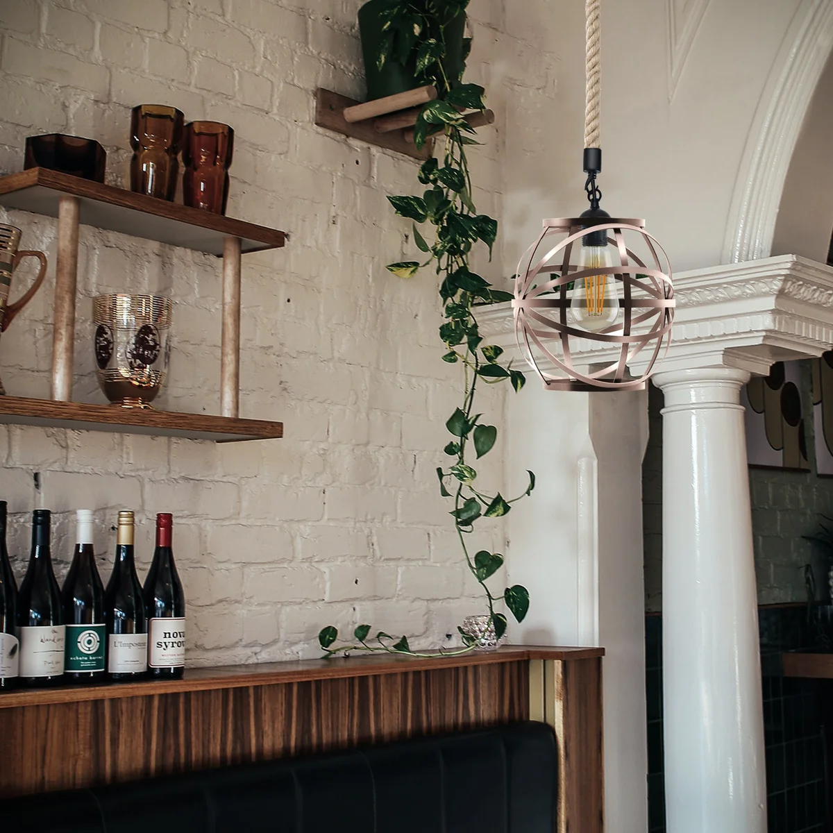 Vintage pendant lamp with single hemp rope, copper metal cage and adjustable 100cm cord hanging from ceiling