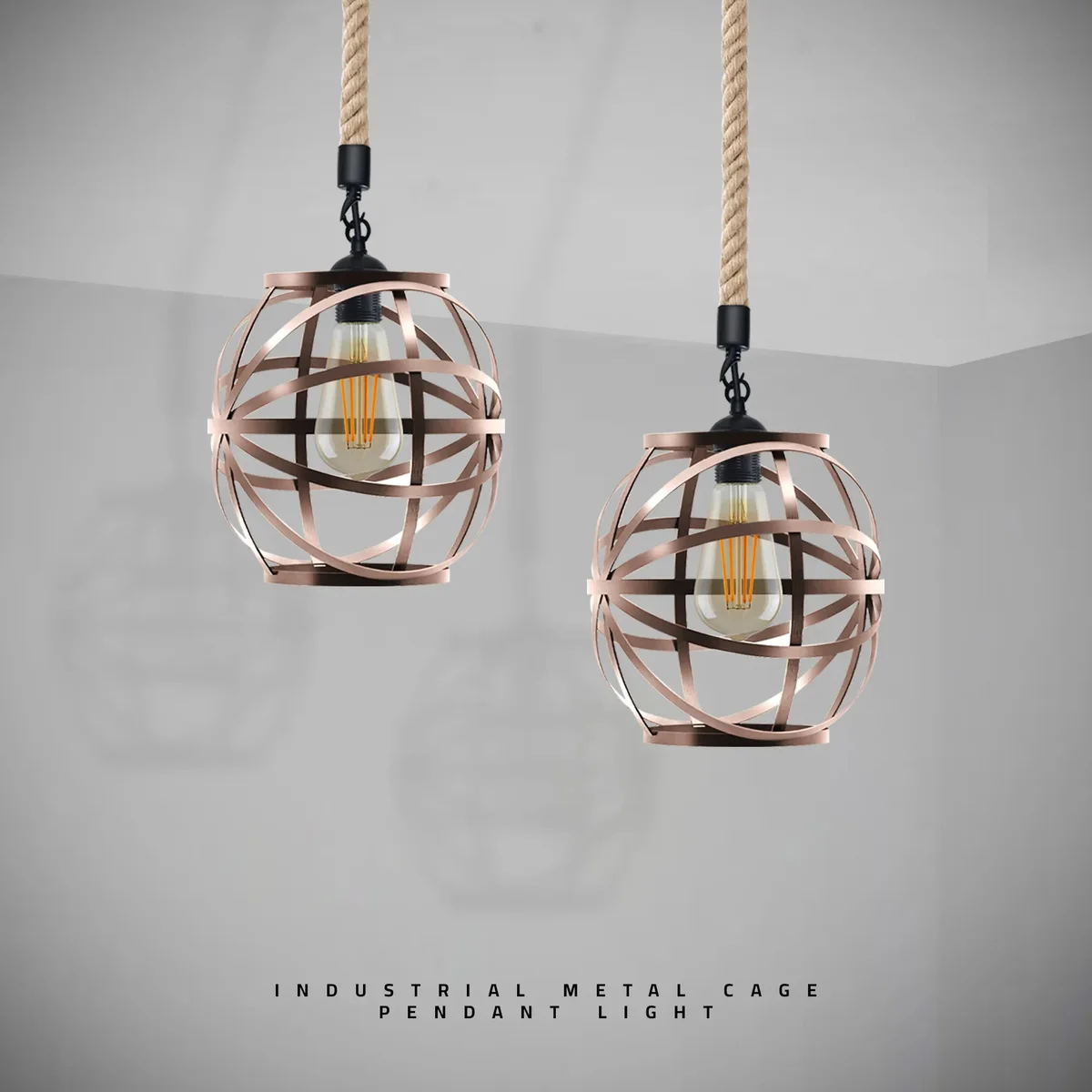 Single ceiling dimmable hemp light with copper metal cage and adjustable 100cm rope hanging pendant fixture