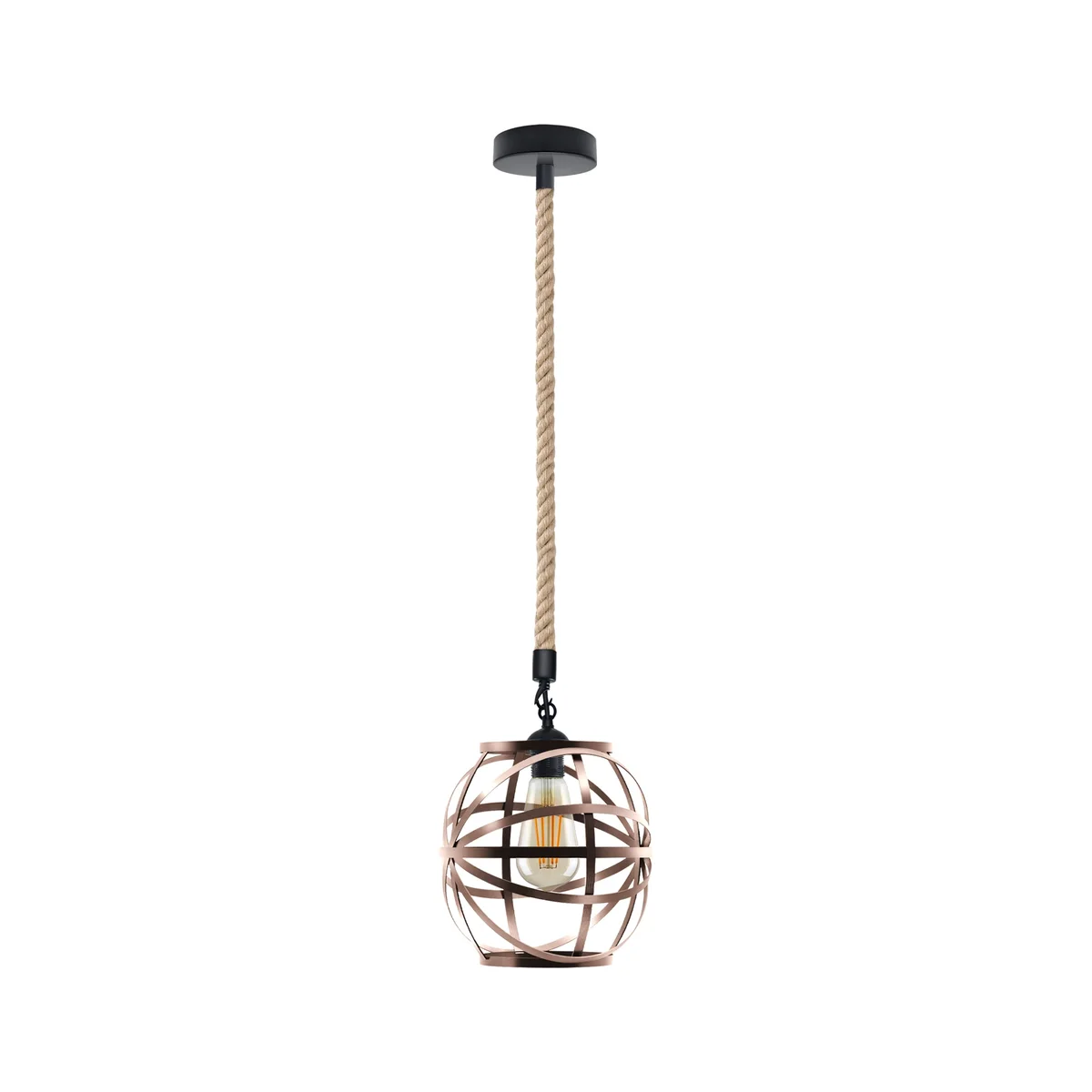 Single ceiling hemp rope pendant light with copper metal cage pendant and adjustable 100cm cable hanging from ceiling