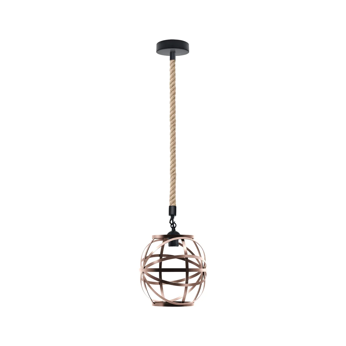 Single-head hemp rope pendant light with copper metal cage and adjustable 100cm cord hanging from ceiling