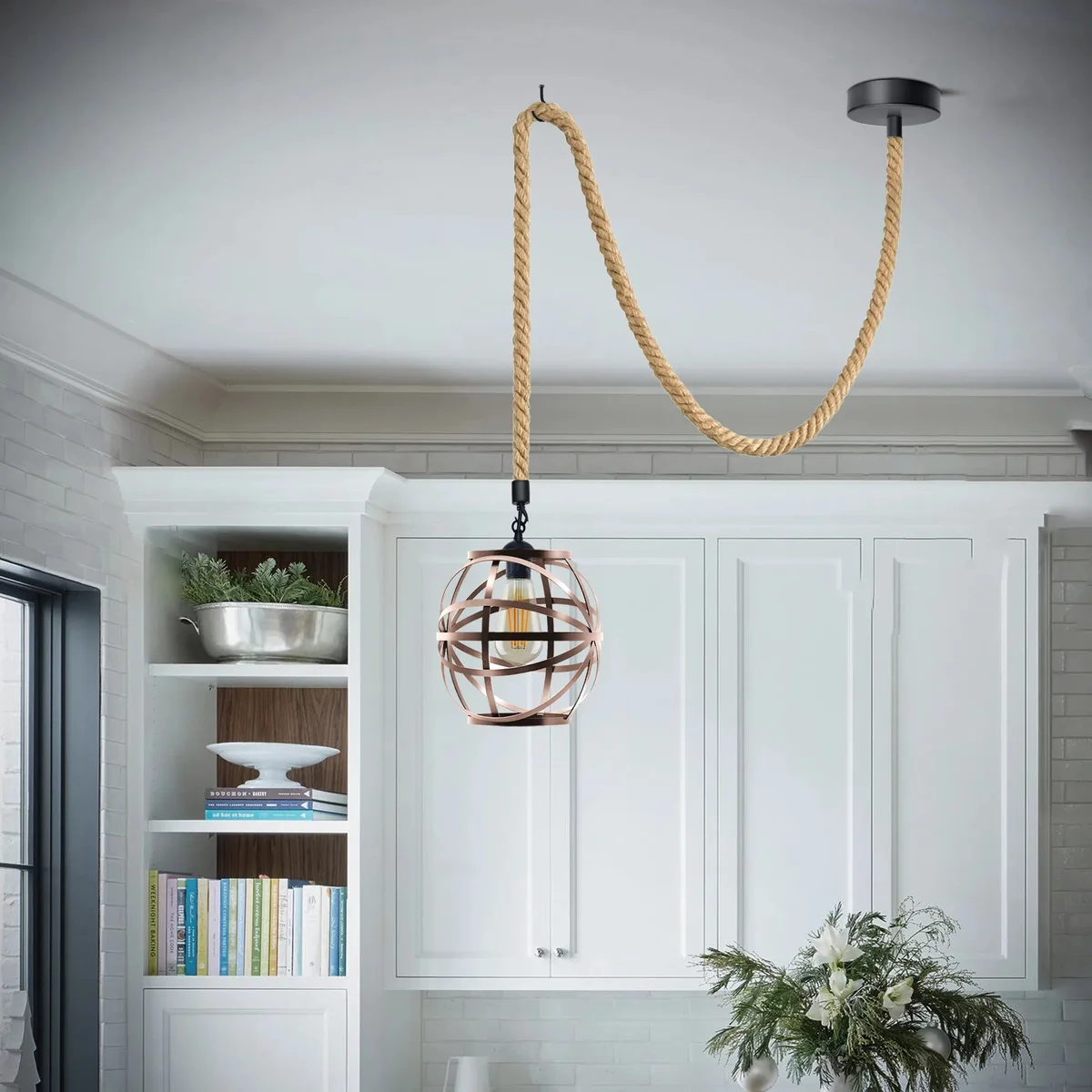 Single ceiling hemp rope pendant light with copper metal cage and adjustable 200cm cord for indoor use