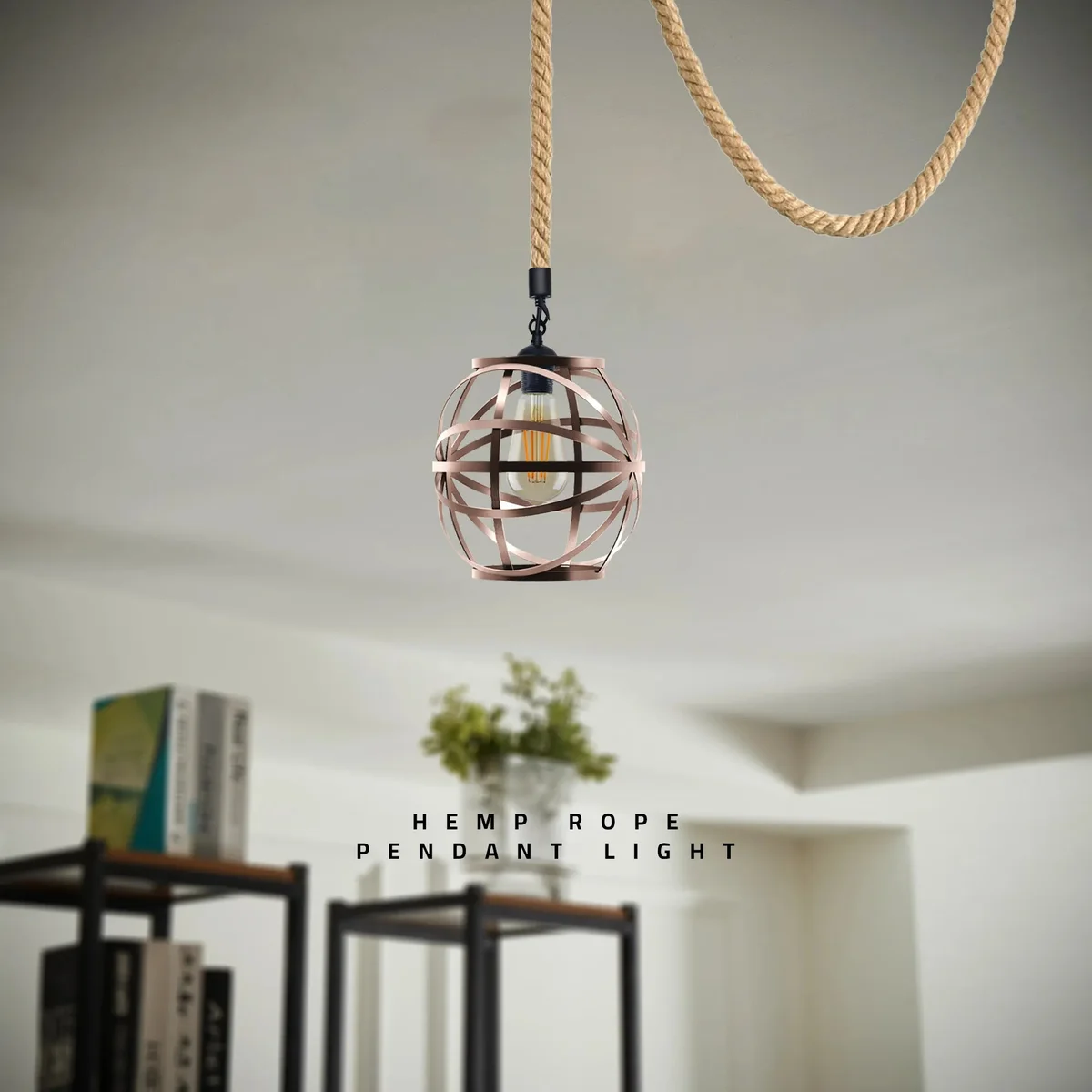 Single ceiling industrial pendant light with hemp rope and copper metal cage, adjustable 200cm cable, E27 bulb holder