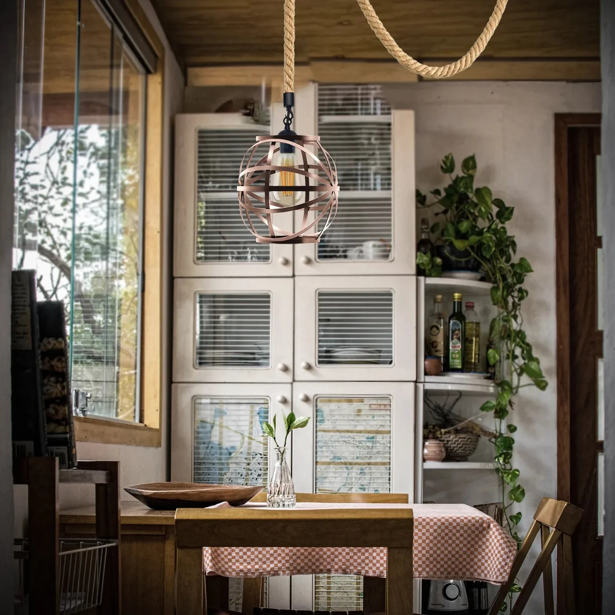 Single head dimmable ceiling light with copper metal cage and hemp rope, hanging pendant style, industrial vintage design
