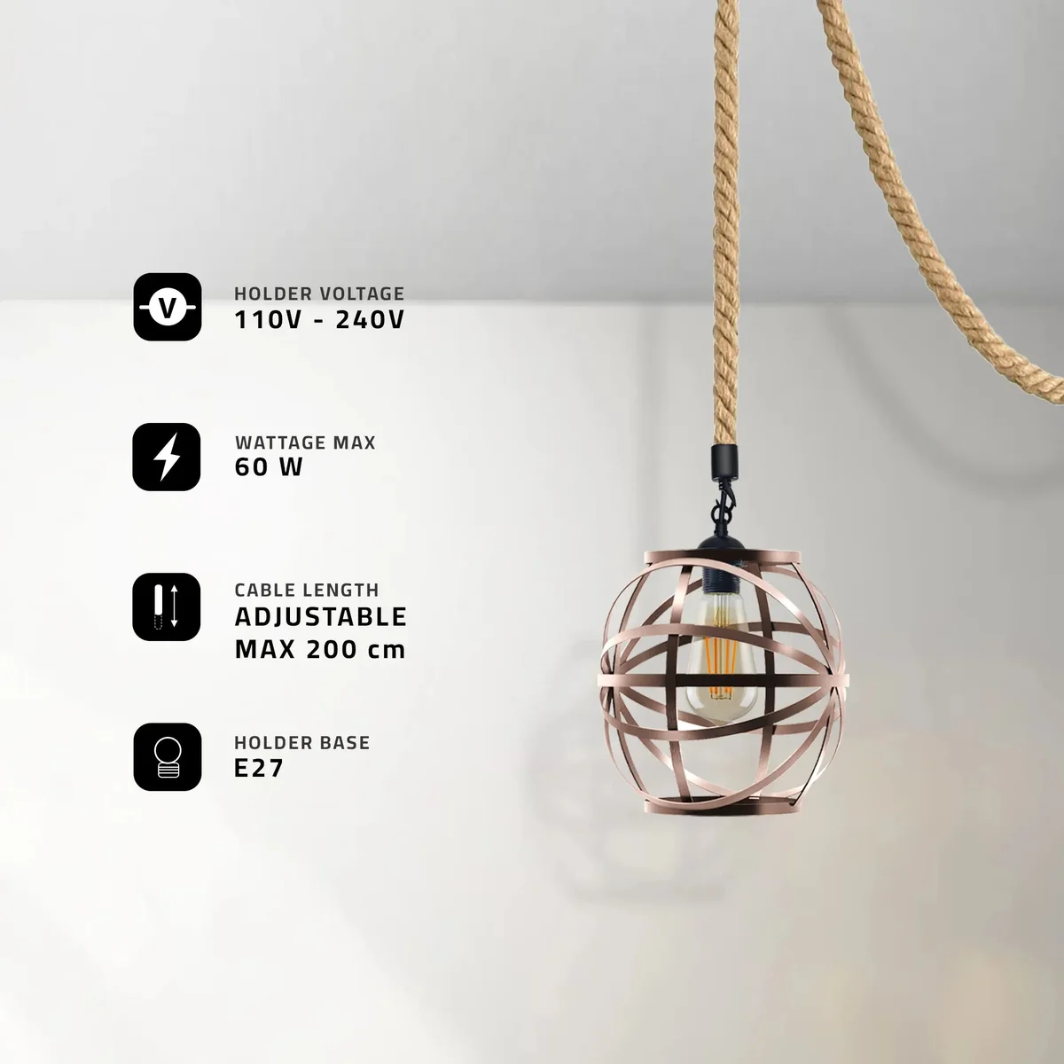 Vintage hanging lamp with copper metal cage and hemp rope cord, single ceiling pendant light with adjustable length