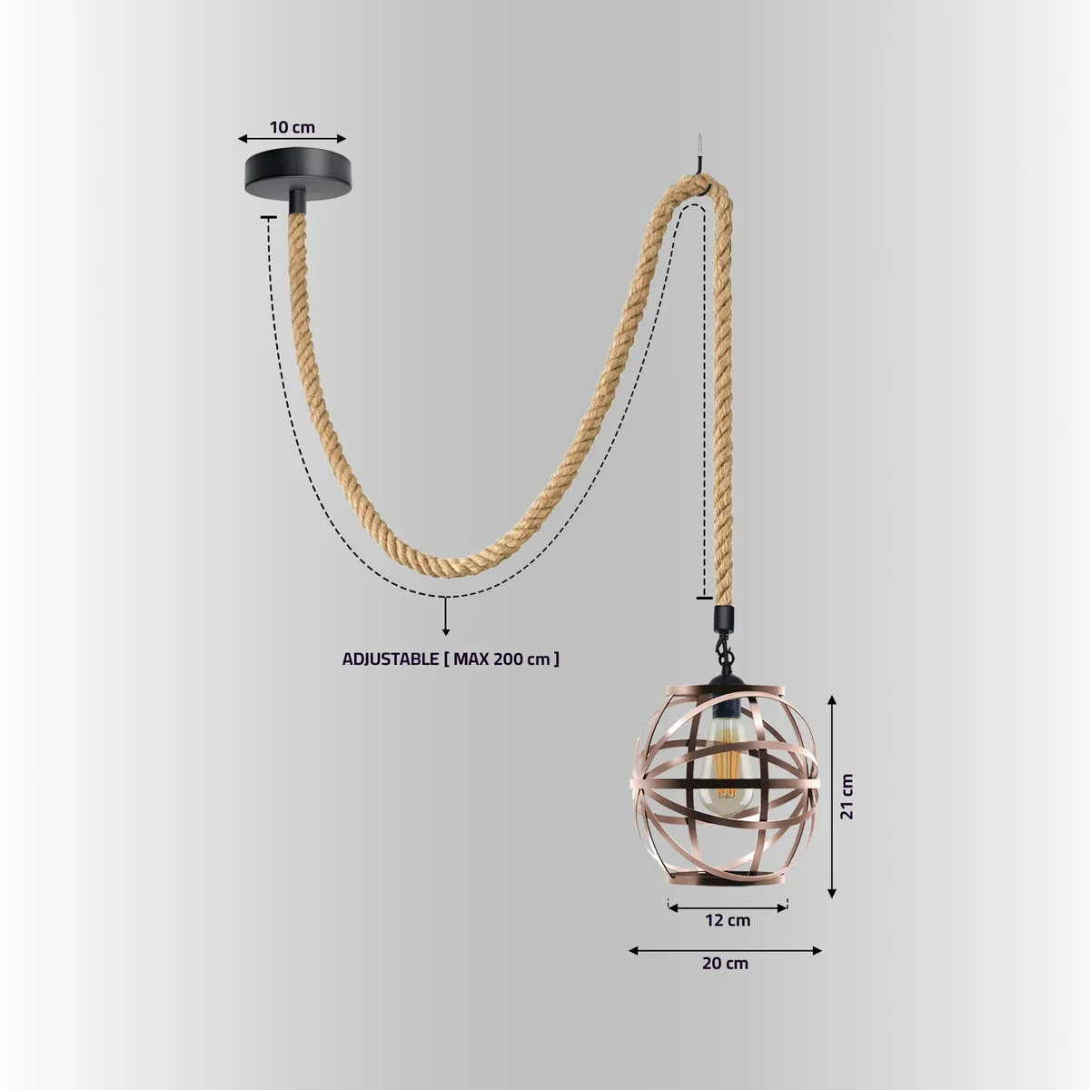 Single ceiling spider pendant light with copper metal cage and hemp rope, compatible with E27 bulb pendant fittings.