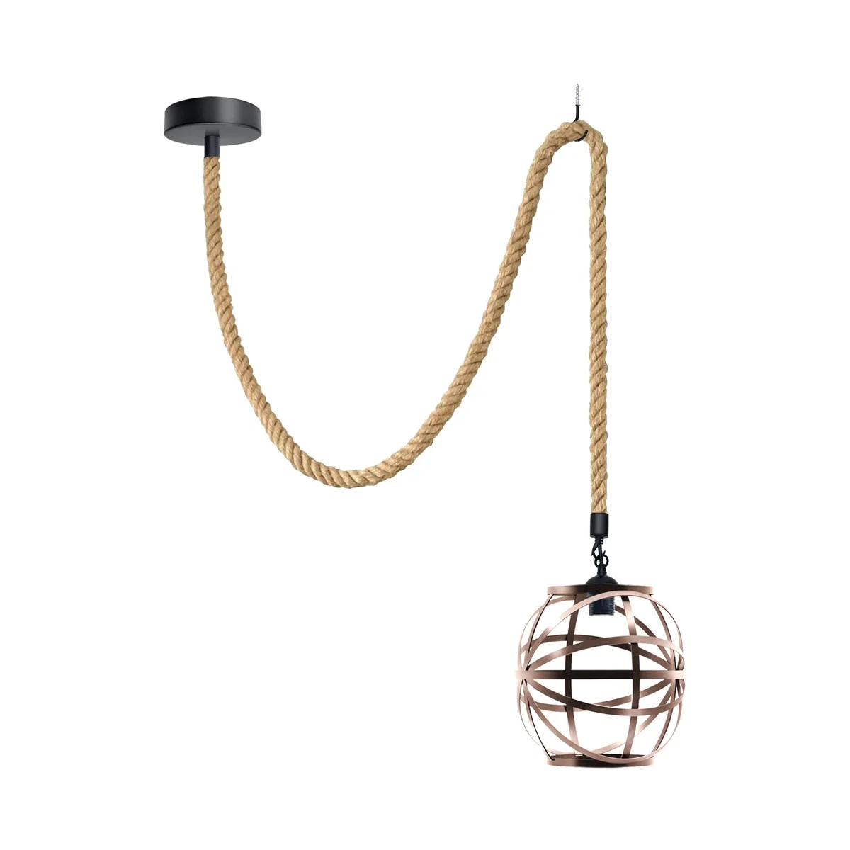 Single ceiling metal and hemp light with copper cage and adjustable hemp rope hanging cord, industrial vintage style pendant