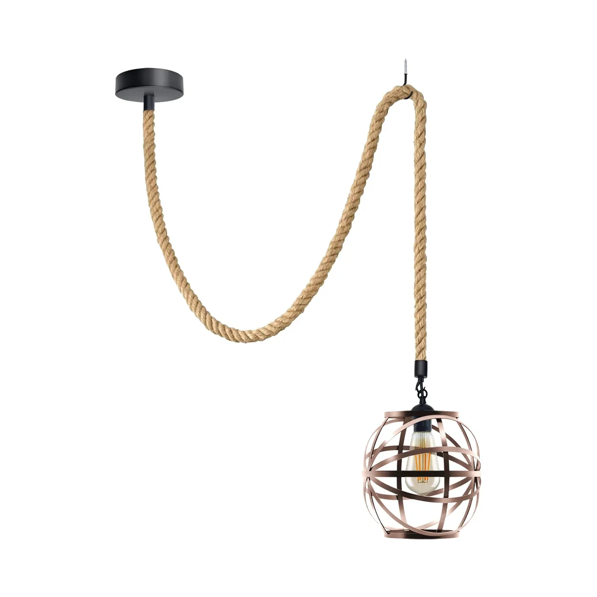 Single ceiling hemp rope pendant light with copper metal cage and adjustable 200cm cord hanging against white background