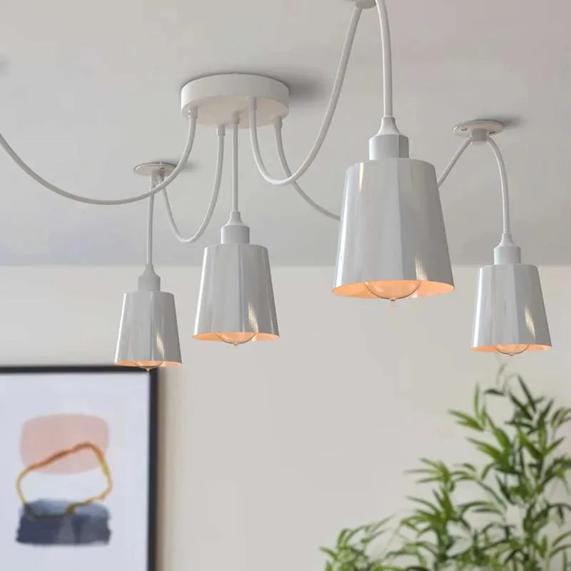 White 5-way spider pendant light with adjustable fabric cables and matte metal cone shade light in modern industrial style