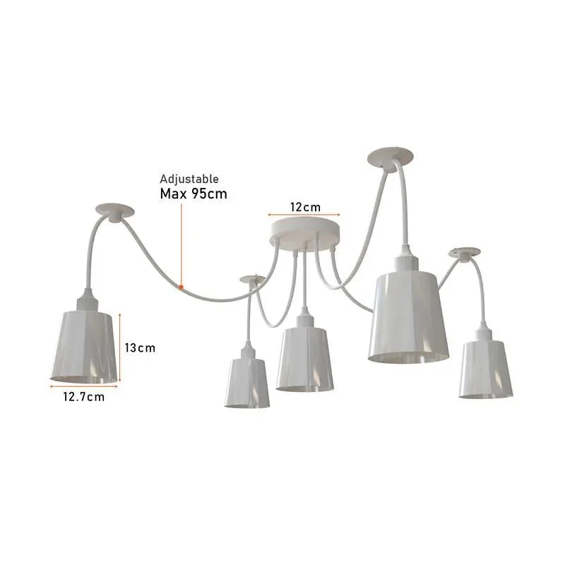 White 5-arm spider pendant light with matte cone shades and fabric cables, designed for E27 pendant lighting bulbs