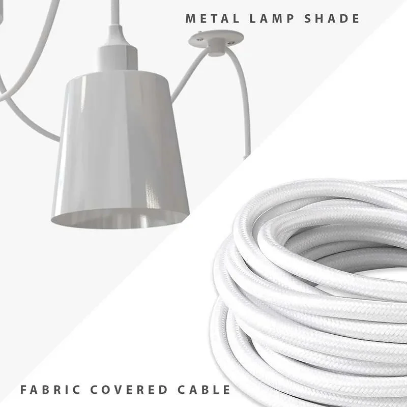 White spider light with five adjustable matte white cone shades and fabric-covered cables hanging from a metal ceiling rose