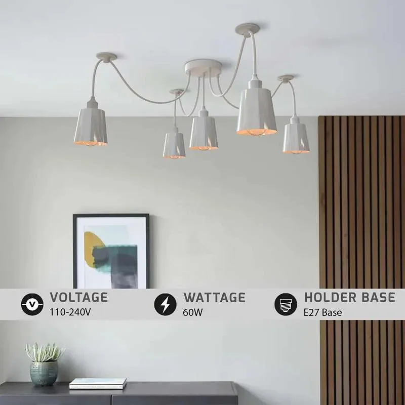 Matte white 5-way spider pendant light with five adjustable cone shades and fabric-wrapped cables hanging from ceiling rose