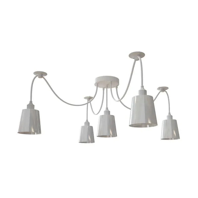 Matte white 5-way spider pendant light with five adjustable cone shades and fabric-wrapped cables hanging from ceiling rose