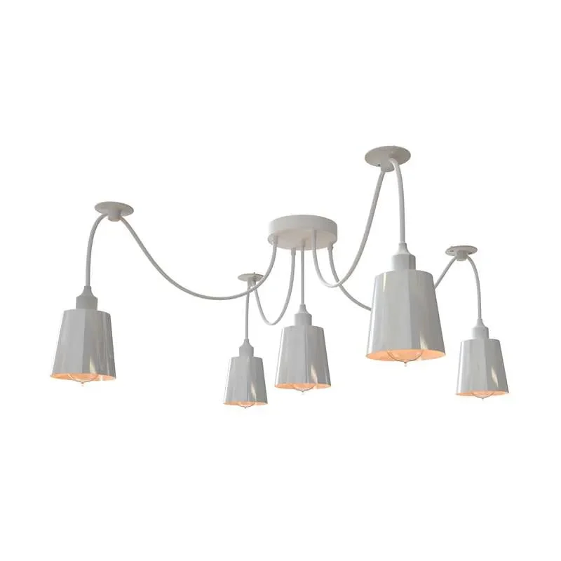Matte white 5-way spider pendant light with five adjustable cone shades and fabric-wrapped cables hanging from ceiling rose