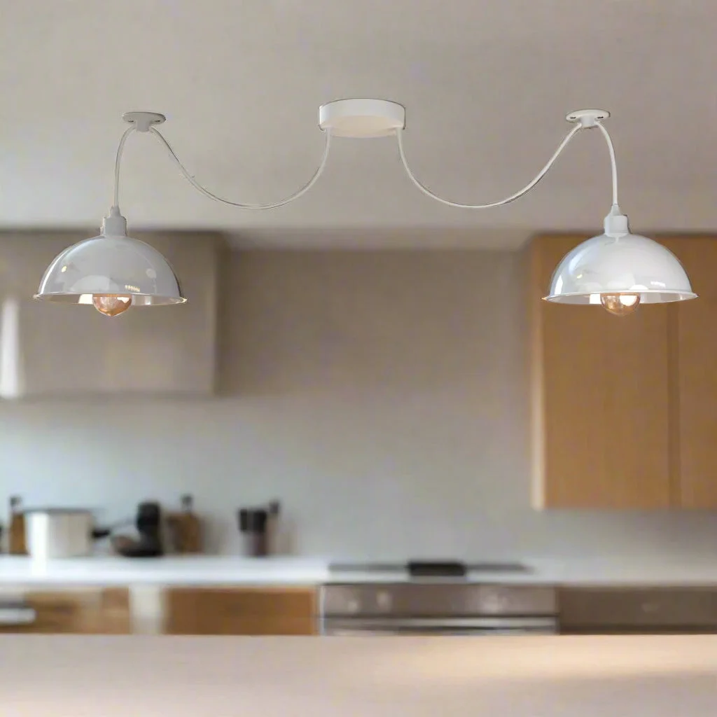 2 head ceiling light with white metal spider-shaped shades and adjustable 1m cables, industrial style pendant lamp