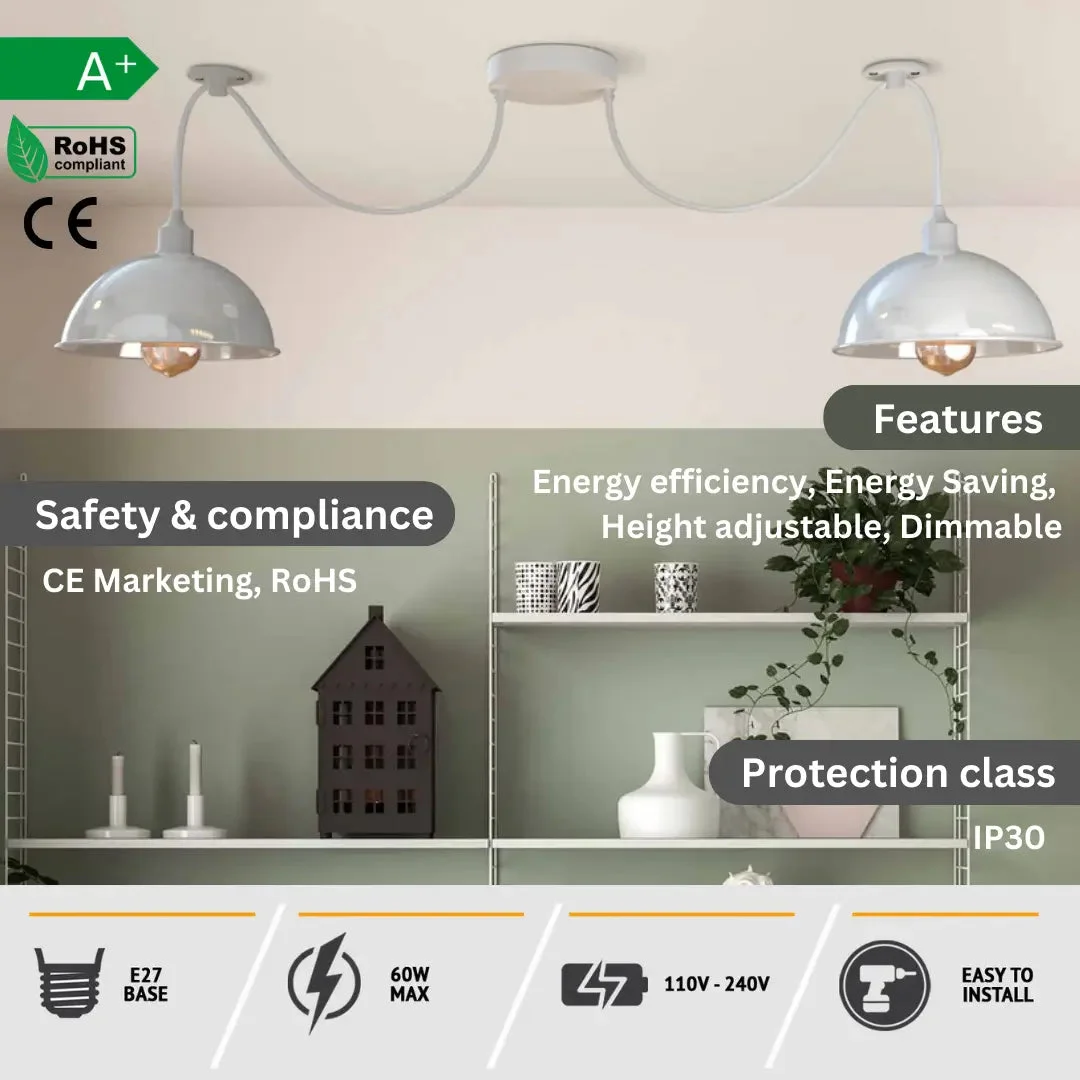 Two-head industrial pendant light with white metal shades and adjustable 1m cables, ceiling mounted with dimmer switch