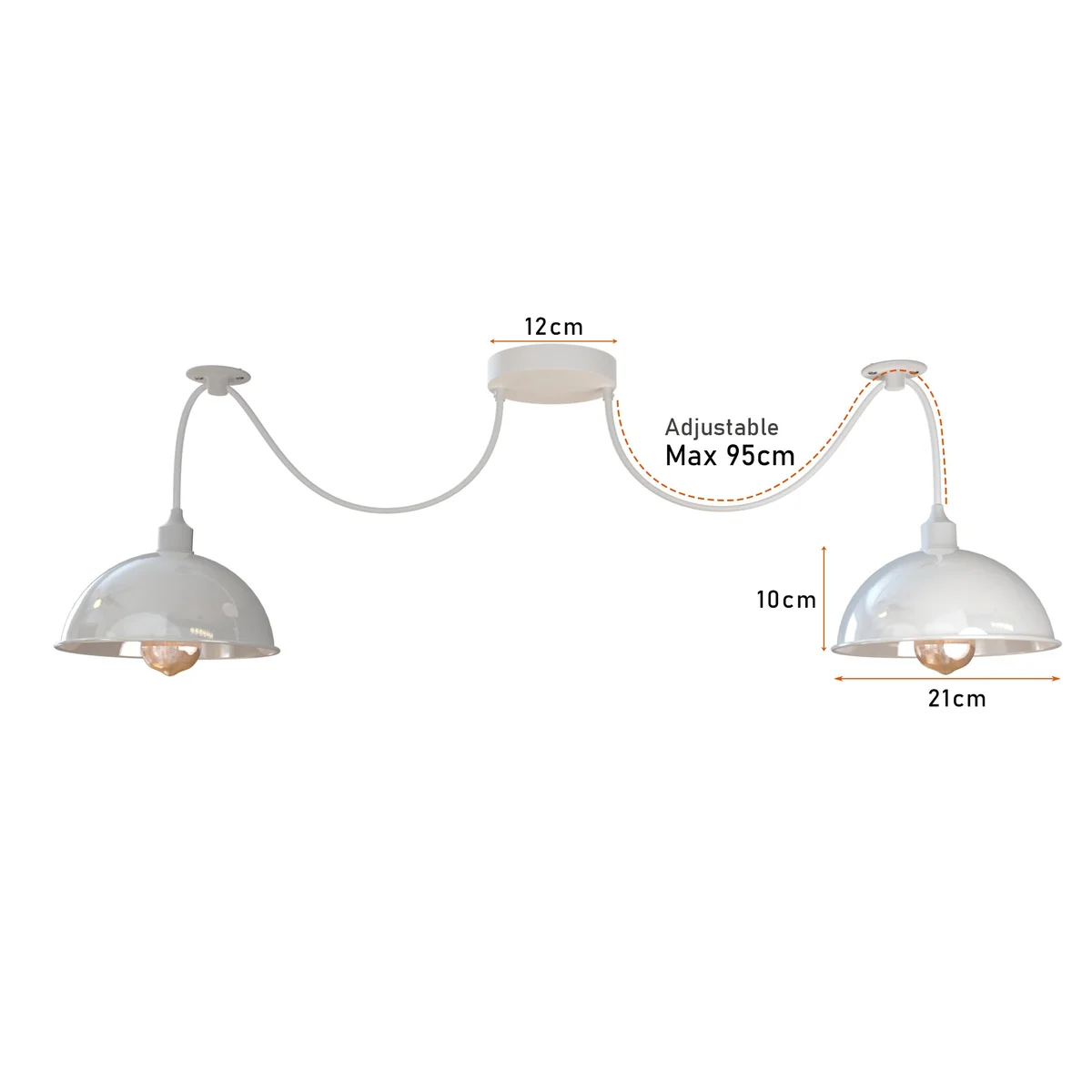 Two-head spider pendant dimmable ceiling lamp with white metal shades and adjustable 1m cables hanging indoors