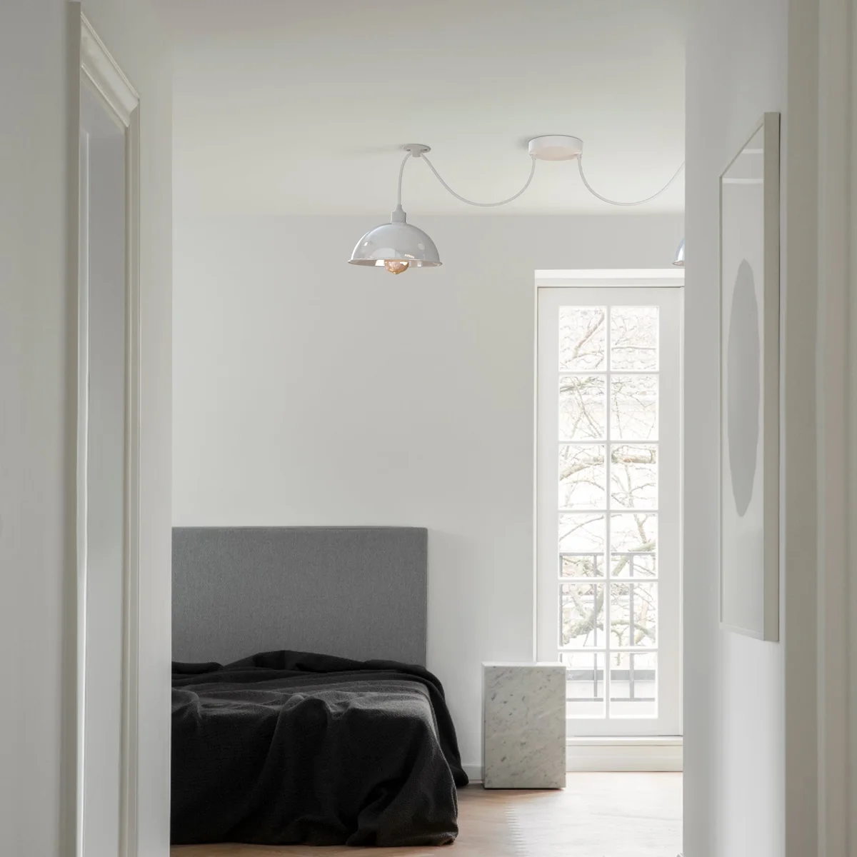 Two-head spider pendant light with white shades and adjustable cables, designed for E27 bulb pendant light fitting