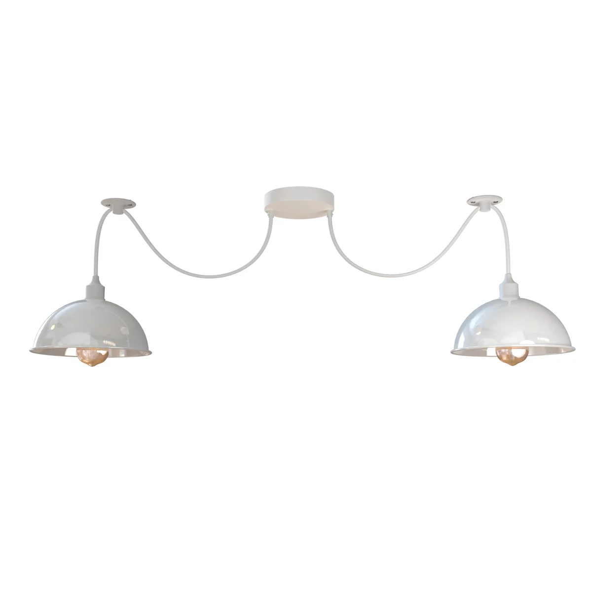 2 head ceiling light with white metal shades in spider design, adjustable cables, shown installed on ceiling