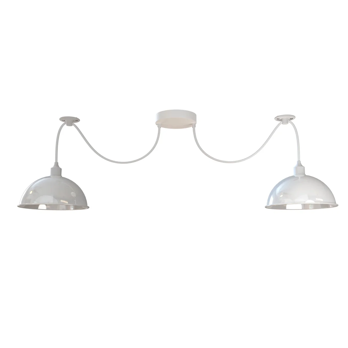 Industrial style 2 head ceiling light with white metal shades and adjustable 1m cables, dimmable with E27 bulbs