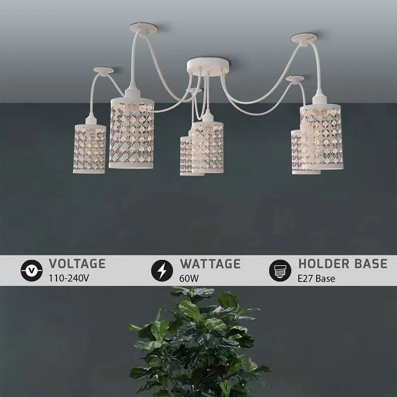 White vintage industrial 6 way spider ceiling light with six adjustable cylinder wire cage shades hanging from fabric-covered cables