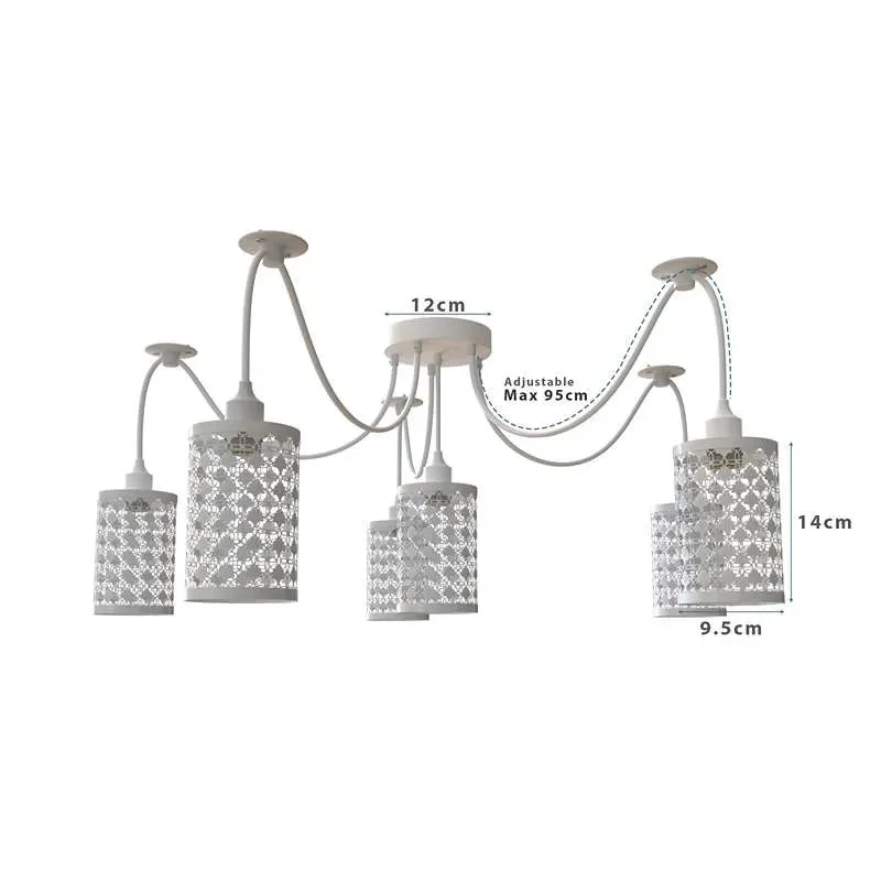 Vintage industrial 6-way adjustable pendant light with white metal wire cage shades and fabric-covered cables hanging from ceiling plate