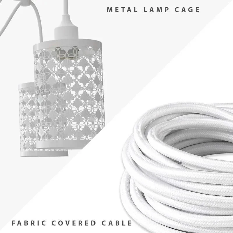 Vintage industrial ceiling light with six adjustable white wire cage pendants and fabric-covered cables hanging from metal plate