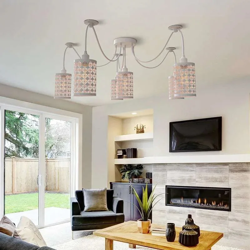 Vintage industrial 6-way spider E27 bulb pendant light with white metal wire cages and adjustable fabric-covered cables