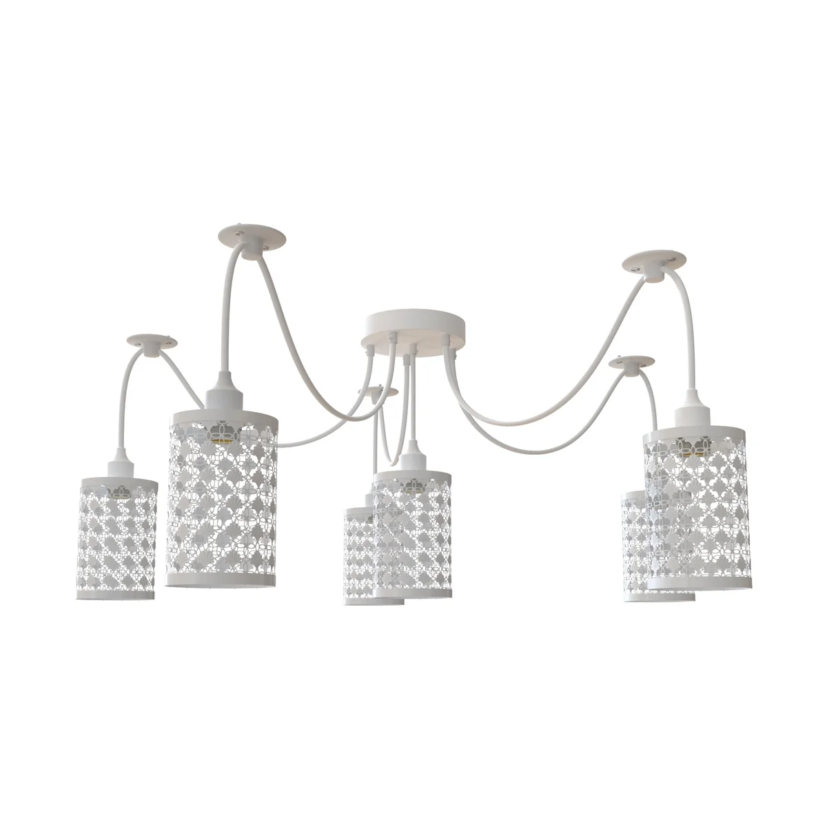 White finish spider light with six adjustable fabric-covered cables and cylinder-shaped wire cage shades hanging from ceiling plate