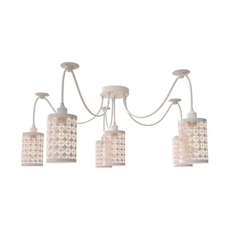 White vintage industrial 6-way spider dimmable ceiling light with adjustable fabric-covered cables and wire cage shades