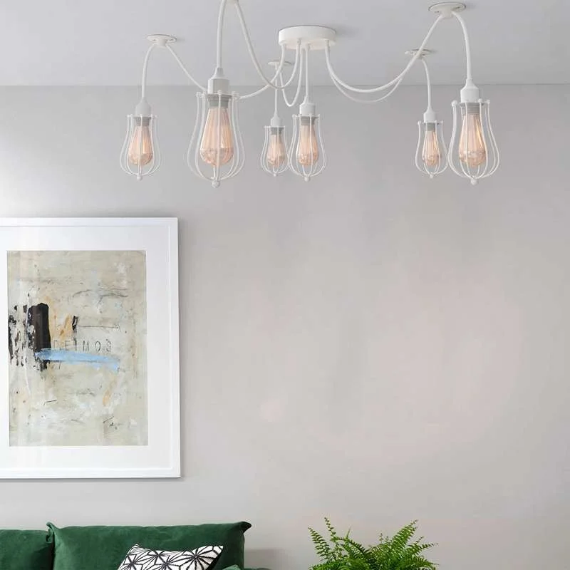 White spider pendant light with 6 hanging cables, metal cage 18cm diameter, industrial vintage design.