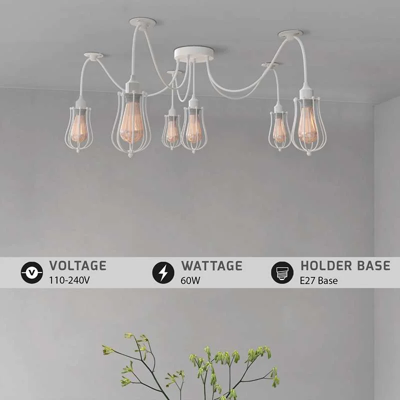 Industrial pendant light with metal cage and six adjustable cords, white vintage style.