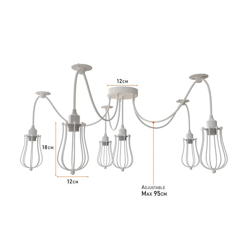 E27 spider light pendant with white metal cage, 6 hanging cables, industrial vintage style.