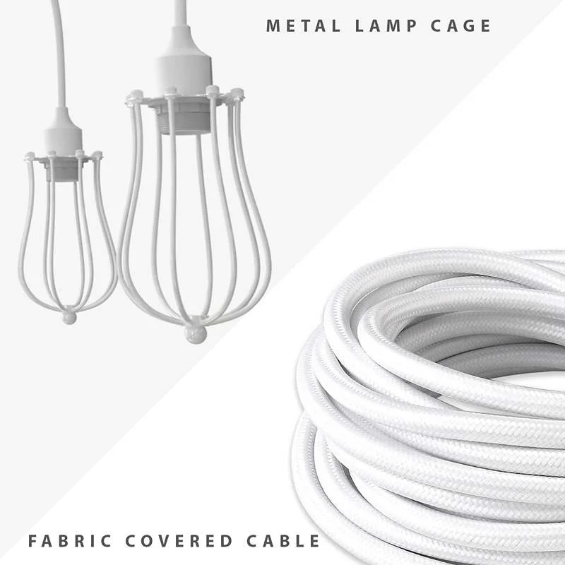 White 6‑way spider cage pendant lamp hanging from a metal ceiling plate, 18 cm cage, industrial vintage design.
