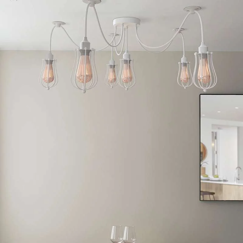 White metal cage pendant with six adjustable length cables, vintage industrial style lighting fixture.