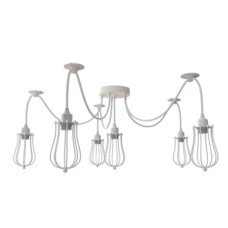 White vintage ceiling light with metal cage and 6 hanging cables, 18 cm diameter, suitable for indoor use.