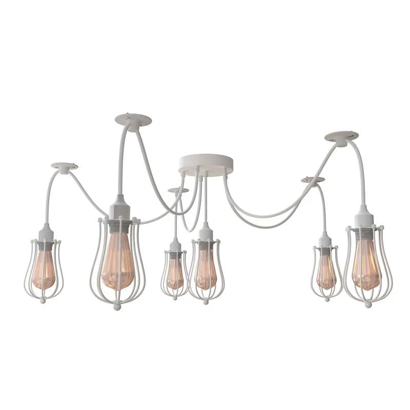 White 6‑way spider pendant light with metal cage, hanging from ceiling via six cables, vintage industrial style.